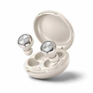 MYUT THREE sleep earplugs in white, with silver caps, beside the open white carry case