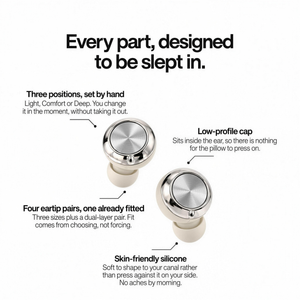 MYUT THREE white earplug design: three positions, four eartip pairs, low-profile cap