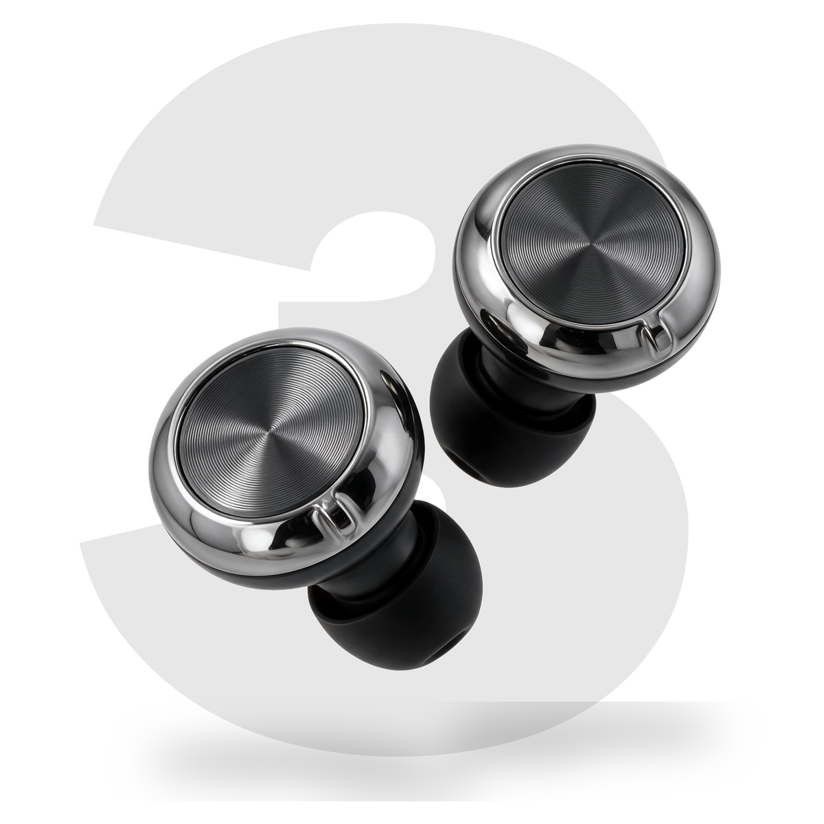 Two MYUT sleep earplugs floating in front of a large grey numeral three